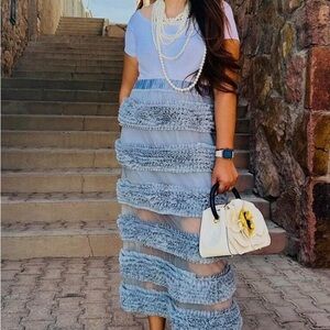 Zara Blue Organza Sheer Layered Midi Skirt Sz S